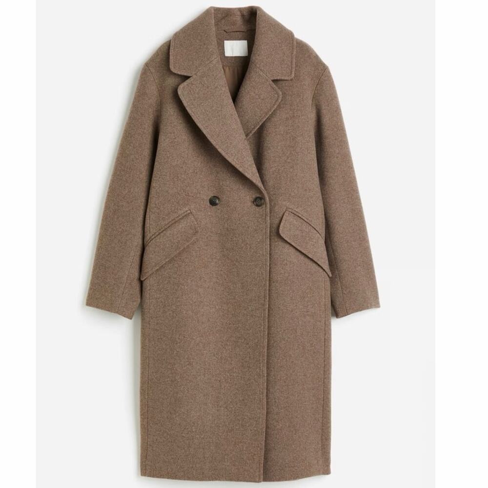 H&M brown coat DOUBLE-BREASTED wool blend size 10
